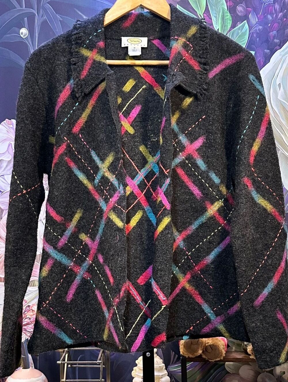 Talbots M 100% Wool Abstract Fringe Jacket Artsy Retro Eclectic Black Multicolor